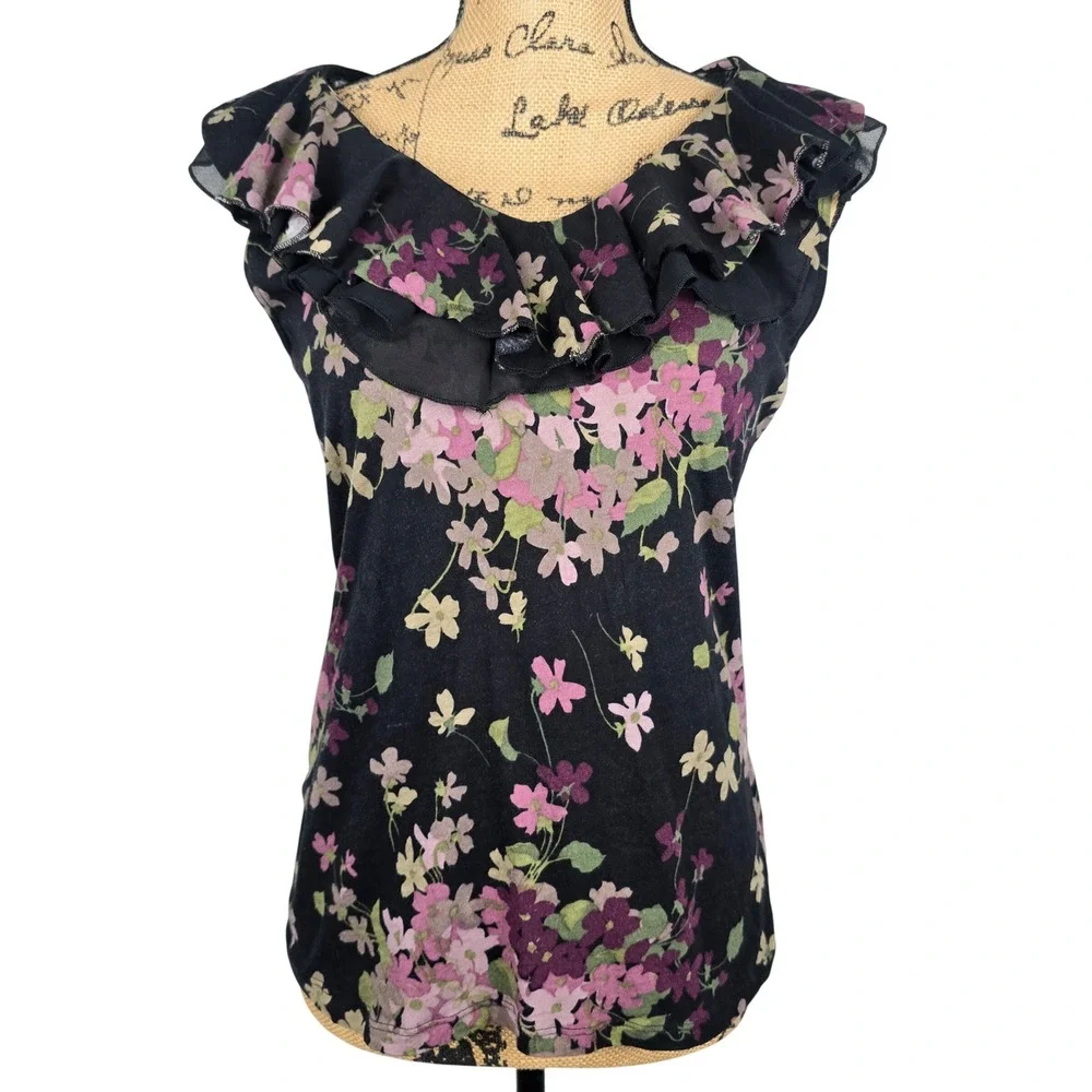Lauren Ralph Lauren Floral Ruffle‎ V-Neck Sleeveless Top Black Purple Cotton L